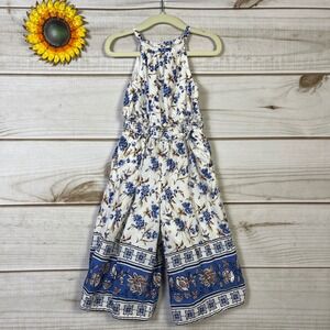 Janie and Jack Kids Girls Floral Print Jumpsuit Wide Leg Blue White Size 4